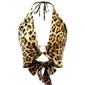 CHEETAH PRINT PLUGE HALTER TOP TOE DEEP V NECK BACKLESS CROP TOP